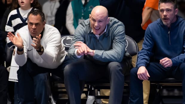 Penn State coach Cael Sanderson guides the Nittany Lions in a Big Ten match against Ohio State at Rec Hall.